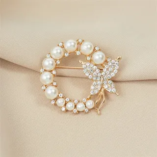 Pearl Rhinestone Wreath Butterfly Brooch